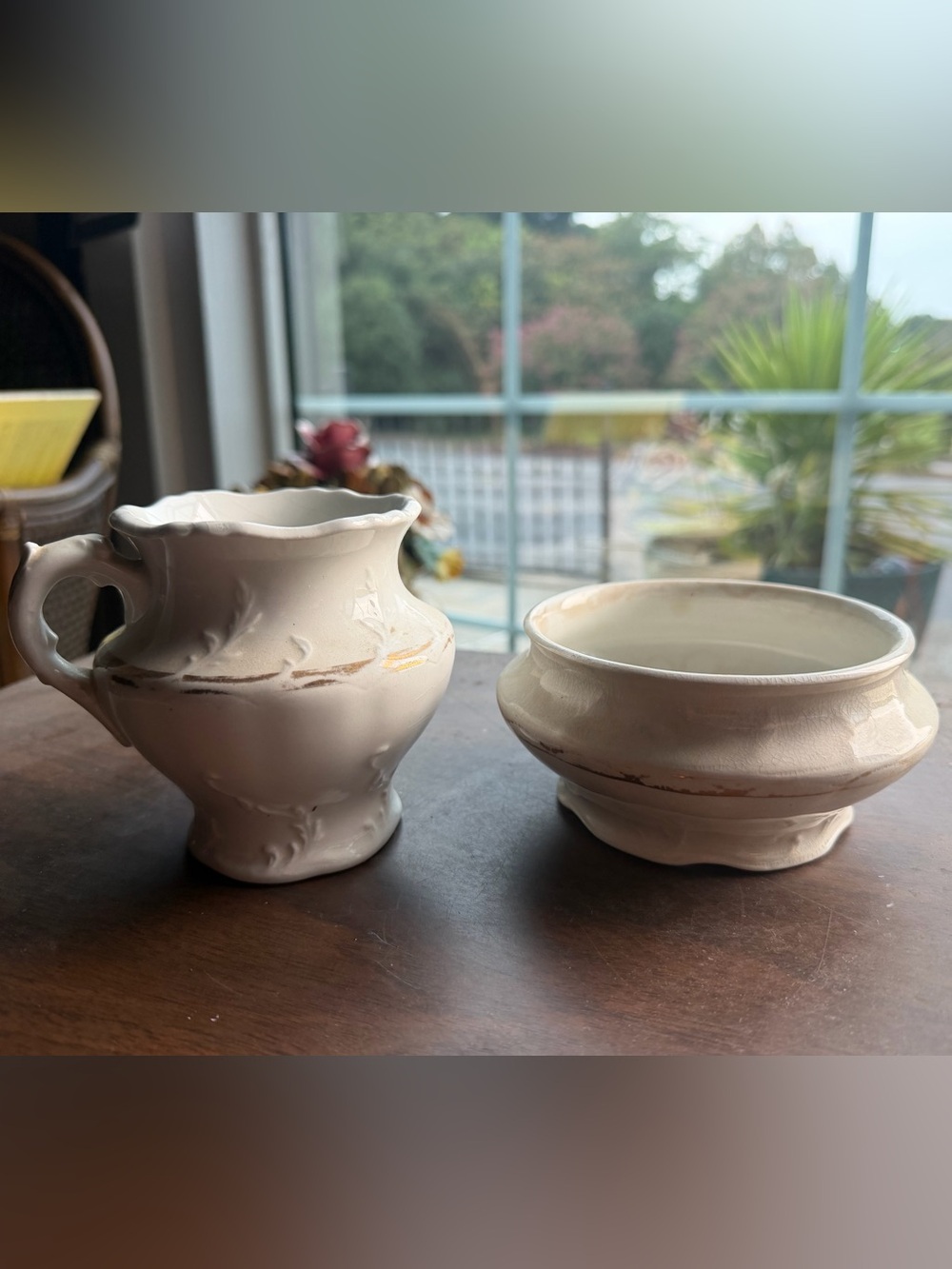 Antique White Ceramic Pitcher and Bowl Set - Classic Home Art Accent